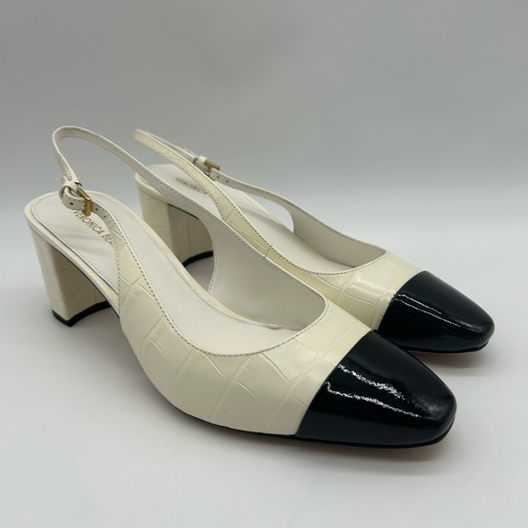 Veronica Beard Cecile Slingback Pumps Ivory Croc Leather Black Cap Toe Size 9M - Picture 4 of 14